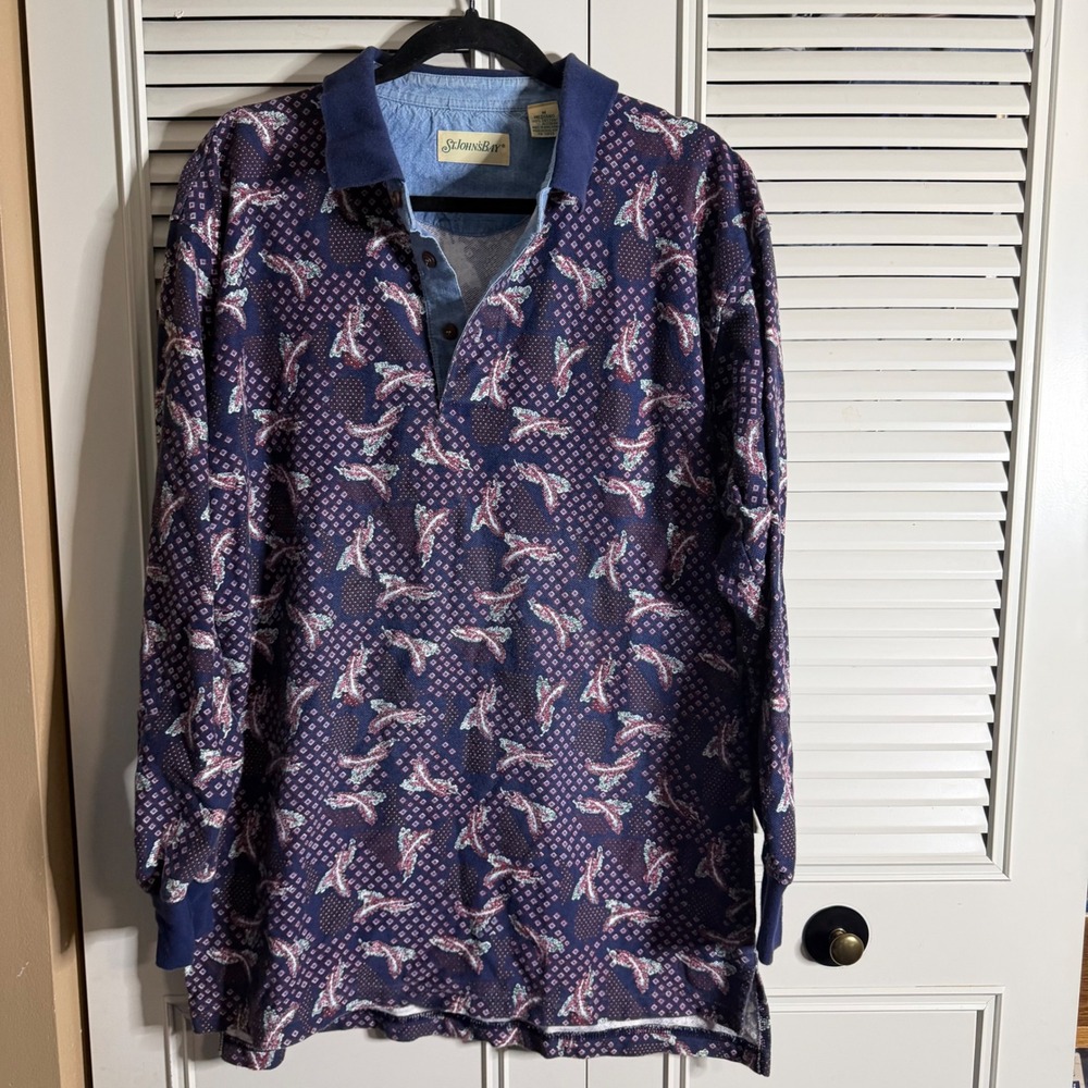 Vintage St Johns Bay Mens Medium Long Sleeve Polo Shirt Geometric Navy Cotton